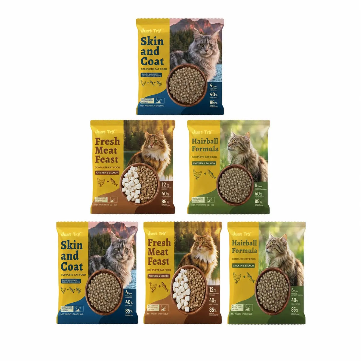 Just Try Grain-Free Dry Cat Food, 5 Lb - 40% Protein from Salmon & Chicken, Hairball Aid with Cat Grass, Pumpkin, Taurine, Psyllium Husk & Cranberry, Supports Digestive Health, Dry Food