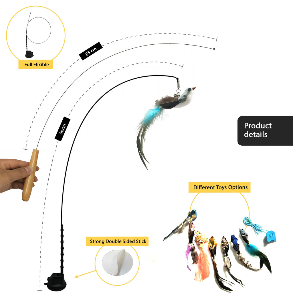 Cat Toy Wand Auto Interactive Toys for Indoor Cat 10 in 1 Hands-Free Natural Bird Feather Ball Toys, Suction Cup Pet Dancing Playing Toy