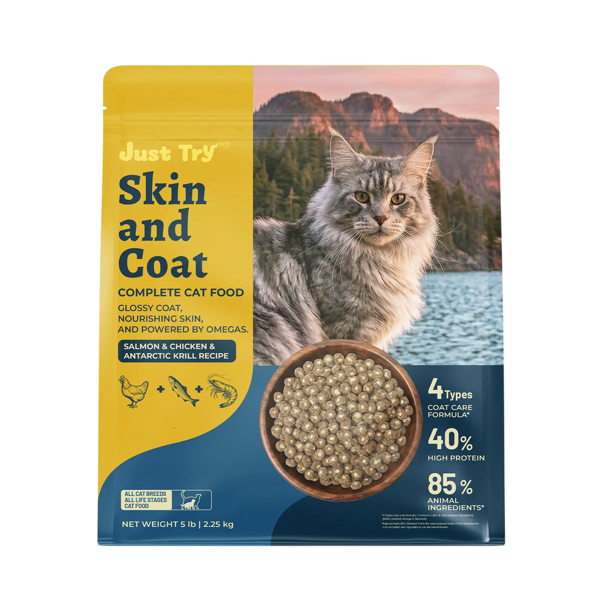 Just Try Grain-Free Dry Cat Food, 5 Lb - 40% Protein from Salmon & Chicken, Hairball Aid with Cat Grass, Pumpkin, Taurine, Psyllium Husk & Cranberry, Supports Digestive Health, Dry Food