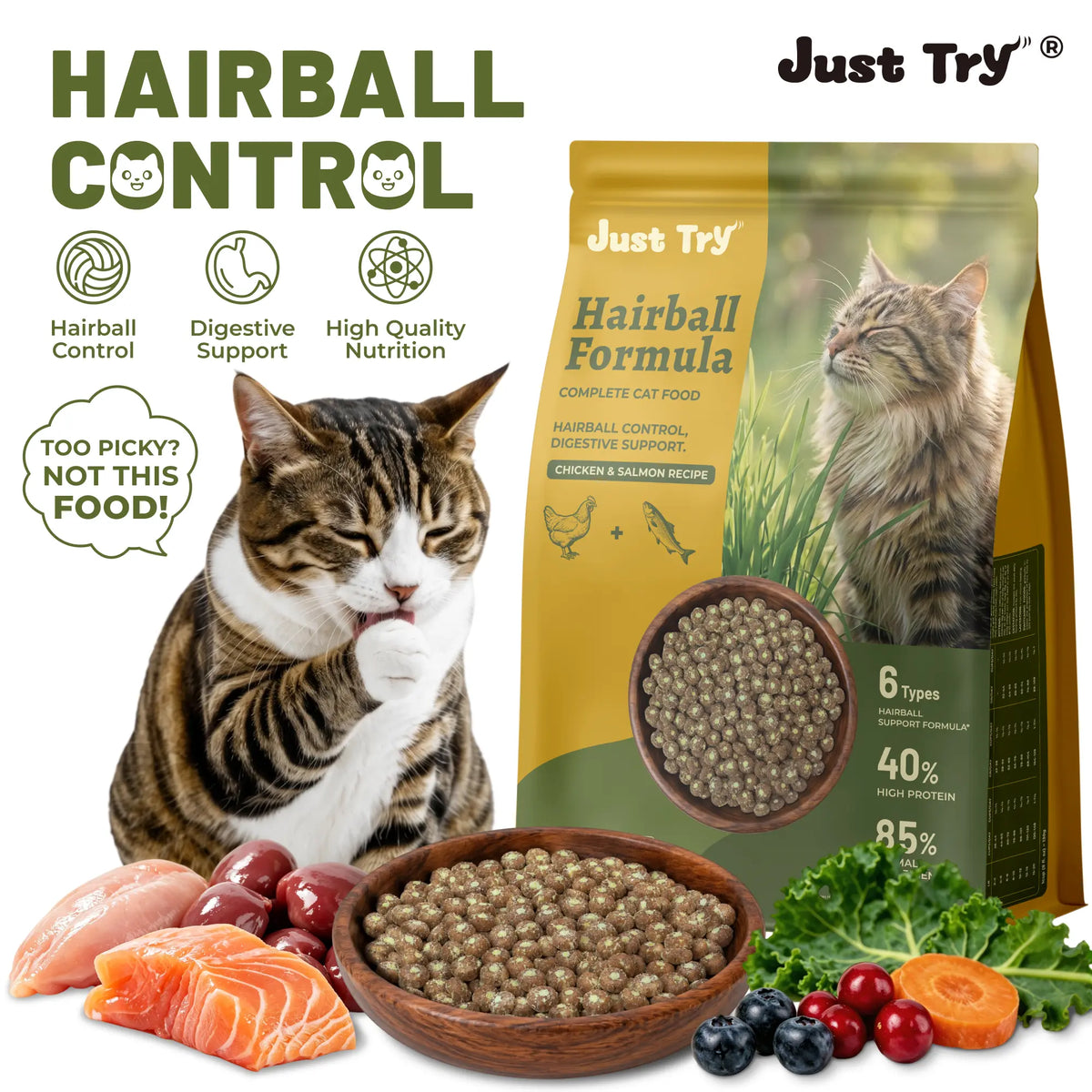 Just Try Grain-Free Dry Cat Food, 5 Lb - 40% Protein from Salmon & Chicken, Hairball Aid with Cat Grass, Pumpkin, Taurine, Psyllium Husk & Cranberry, Supports Digestive Health, Dry Food