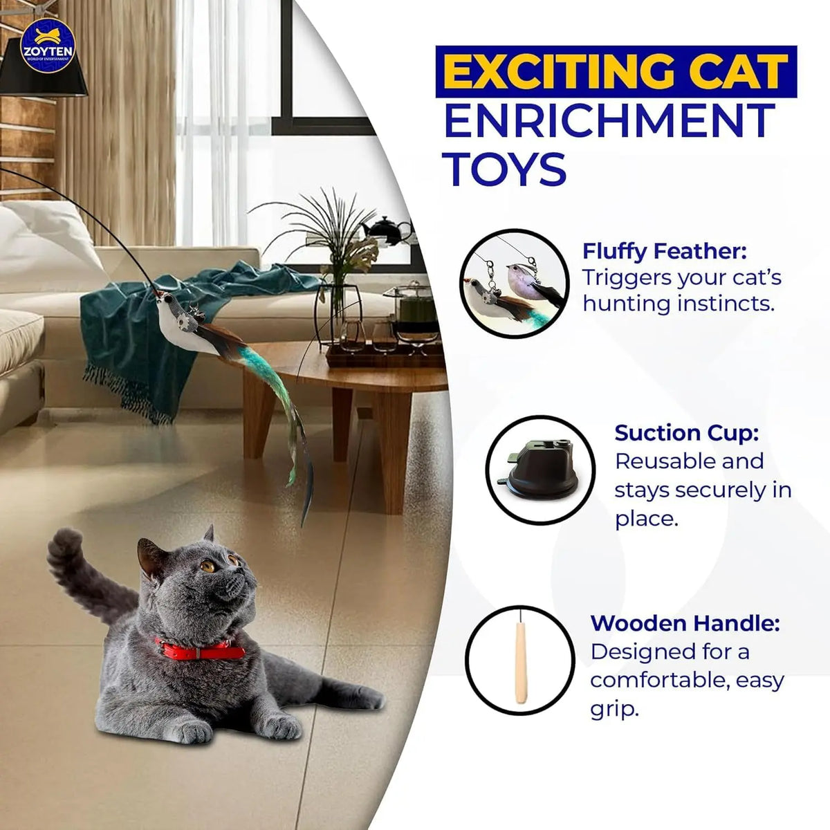 Cat Toy Wand Auto Interactive Toys for Indoor Cat 10 in 1 Hands-Free Natural Bird Feather Ball Toys, Suction Cup Pet Dancing Playing Toy