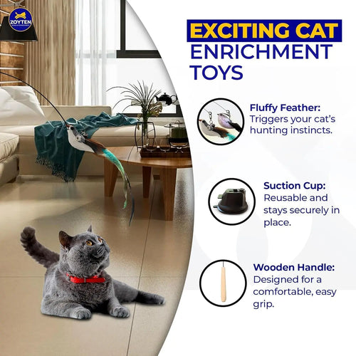 Cat Toy Wand Auto Interactive Toys for Indoor Cat 10 in 1 Hands-Free Natural Bird Feather Ball Toys, Suction Cup Pet Dancing Playing Toy