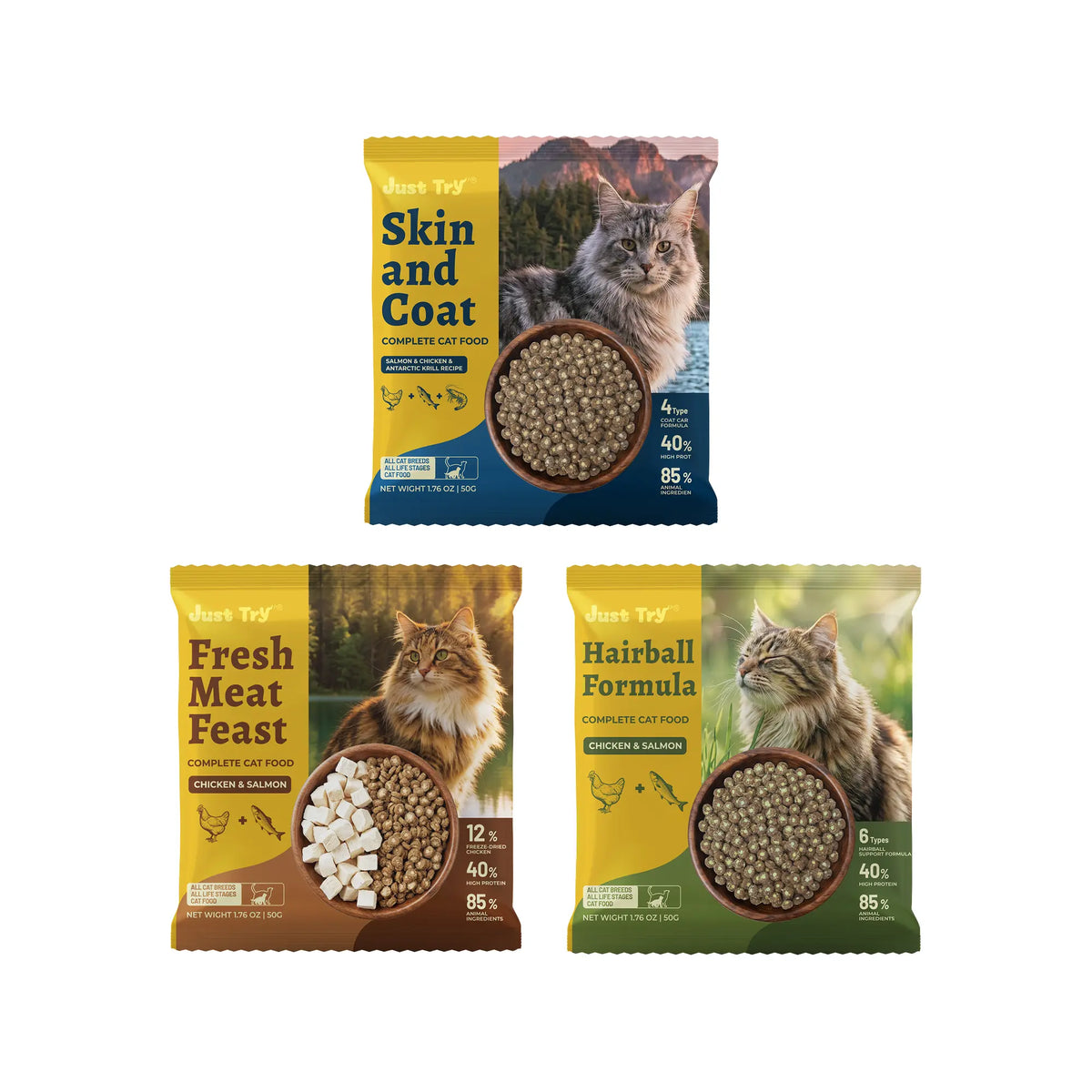 Just Try Grain-Free Dry Cat Food, 5 Lb - 40% Protein from Salmon & Chicken, Hairball Aid with Cat Grass, Pumpkin, Taurine, Psyllium Husk & Cranberry, Supports Digestive Health, Dry Food