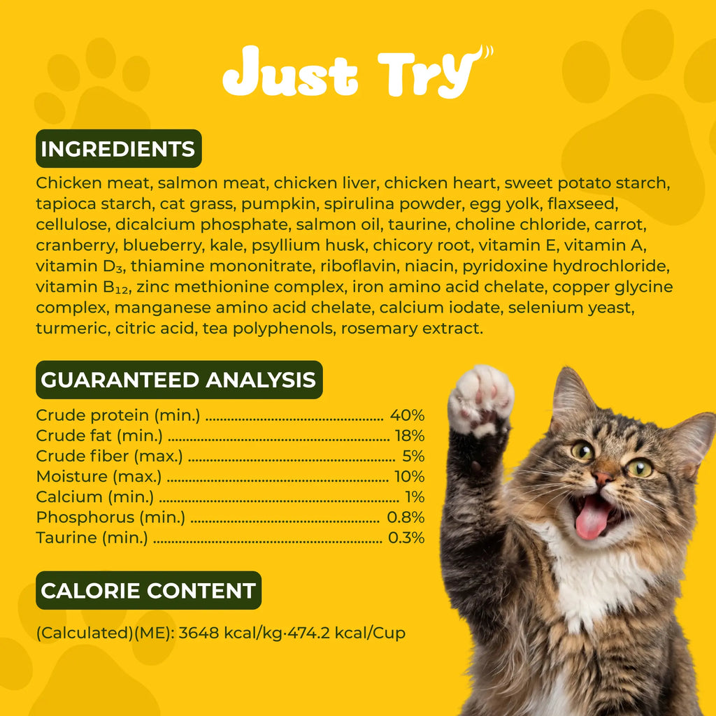 Just Try Grain-Free Dry Cat Food, 5 Lb - 40% Protein from Salmon & Chicken, Hairball Aid with Cat Grass, Pumpkin, Taurine, Psyllium Husk & Cranberry, Supports Digestive Health, Dry Food