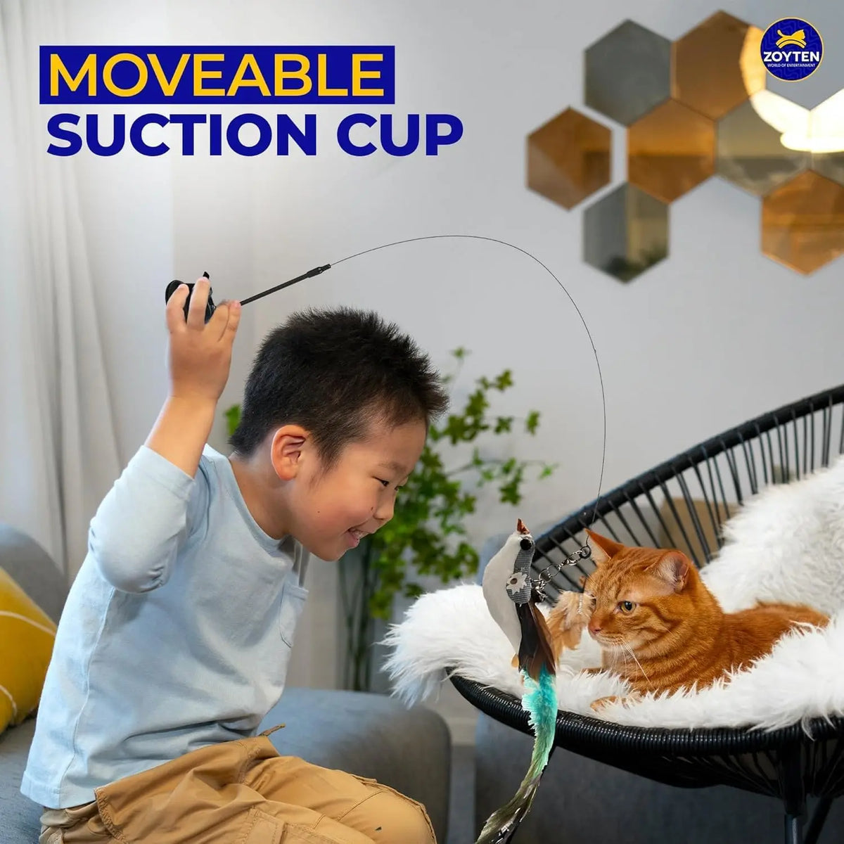 Cat Toy Wand Auto Interactive Toys for Indoor Cat 10 in 1 Hands-Free Natural Bird Feather Ball Toys, Suction Cup Pet Dancing Playing Toy