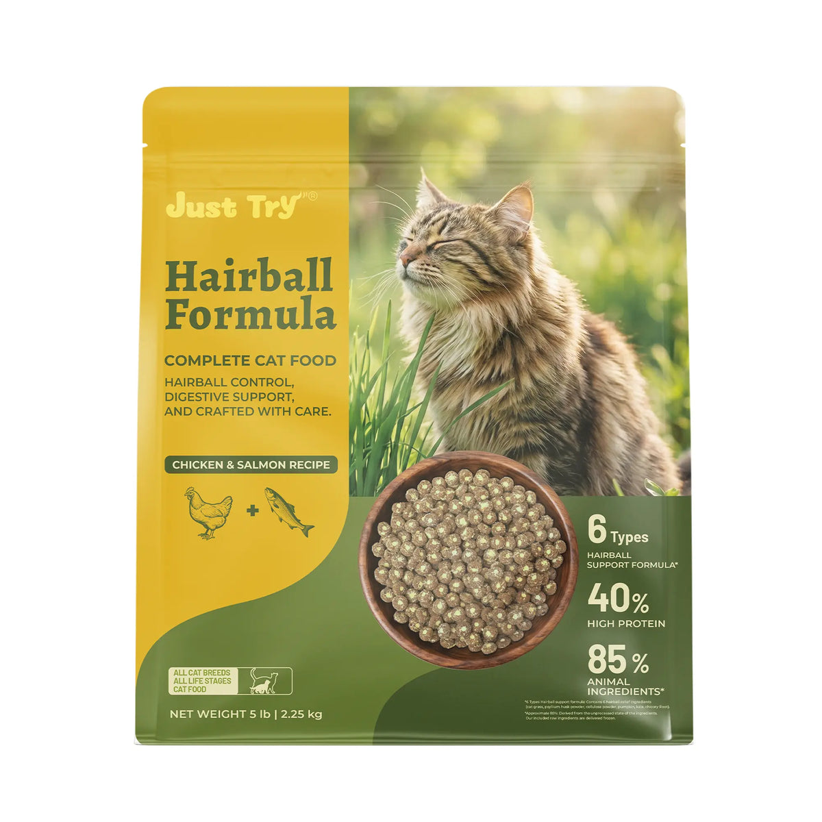 Just Try Grain-Free Dry Cat Food, 5 Lb - 40% Protein from Salmon & Chicken, Hairball Aid with Cat Grass, Pumpkin, Taurine, Psyllium Husk & Cranberry, Supports Digestive Health, Dry Food